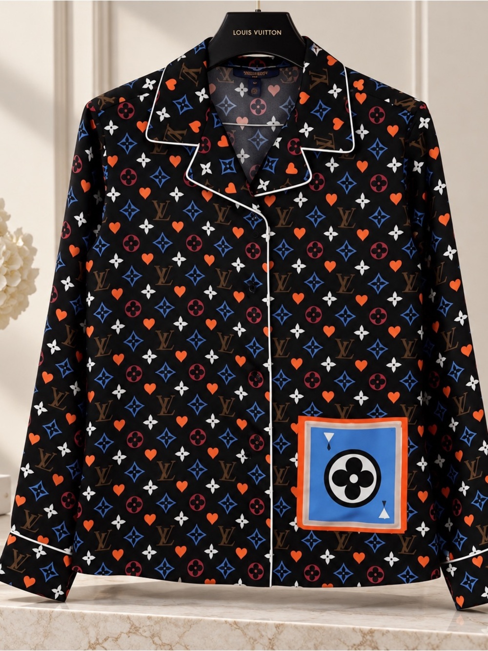 Louis Vuitton Black Pajama Top with Red and Blue Heart Monogram Print
